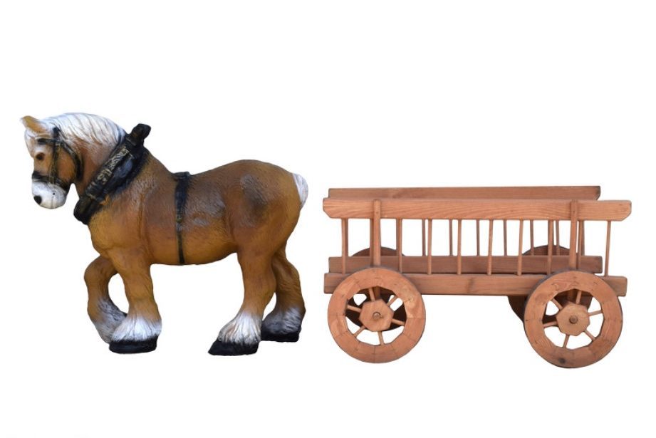 arklys su vežimu, lauko dekoracijos, figuros, lauko sodo statuleles, statulos, dekoratyvinės skulpturos, gyvunu figurėlės, kiemo dekoravimas